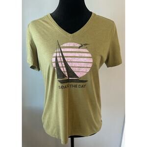 Life is Good Women’s Small V-neck T-shirt Seas the Day